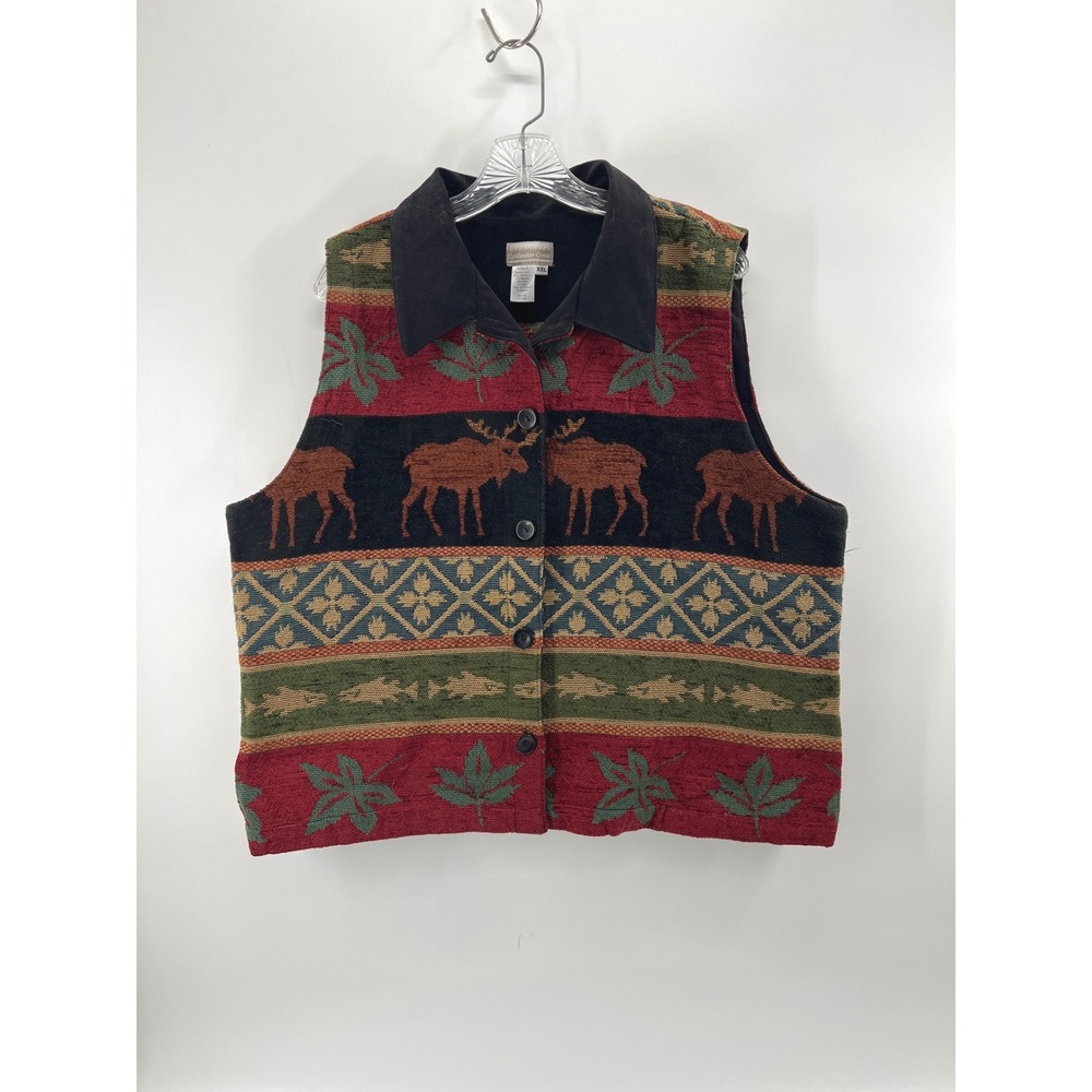 Coldwater Creek Tapestry Vest Womens XXL Fall Moose Lodge Cabin Rustic USA Made